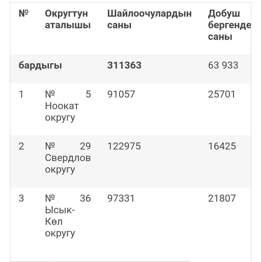 Шайлоо: бир мандаттуу үч округдун алдын ала жыйынтыгы чыкты. Кимдер алдыда?